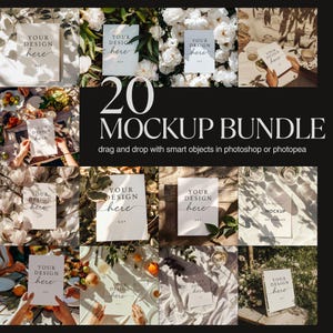 May include: A mockup bundle featuring 20 different design templates. Each template displays a white 5x7 inch card with the text "YOUR DESIGN here". The images include floral arrangements, food, and outdoor settings.
