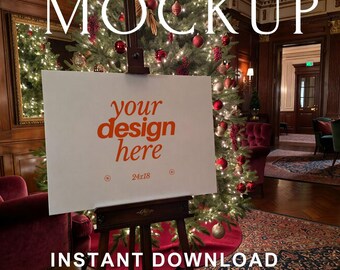 Festive Holiday Wedding Sign Mockup, 24 x18 Horizontal Poster on Easel, Christmas Reception Sign Template, Moody Venue Mockup Landscape