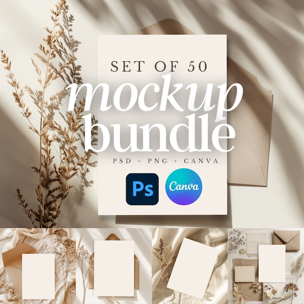 Más de 50 Boho minimal neutral Mockup Bundle 5x7 Art Card Invitaciones canva maqueta Papelería Tarjetas de felicitación Cumpleaños Boda Menú receta JPG .psd