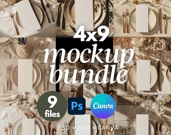 Pacchetto di 9 mockup di menu per matrimonio / mockup di menu e cancelleria modificabile 4x9 per Canva e Photoshop Pacchetto di mockup di menu 4x9 / mockup Canva