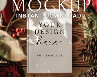 A5 Hardcover Book Mockup PSD – Christmas Flat Lay Scene with Shadows, Smart Object Template for Author or KDP Journal Cover Design