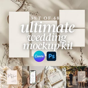 Hochzeit Mockup Bundle | 48 neutrale ruhige Luxus-Briefpapier-Modelle | 5x7 Einladung, Menü, Antwortkarten, Schilder, iPhone, iPad & Flat Lay | PSD Leinwand