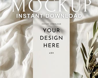 4x9 Wedding Program Mockup PSD, Ceremony Order of Service Template, Minimal Flat Lay Card Mockup with Smart Objects, Photoshop Stationery