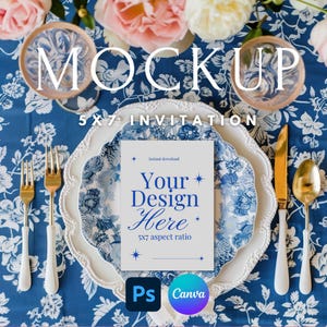 Mockup uitnodiging chinoiserie | Mockup blauw-witte toile de jouy-huwelijksuitnodiging | 5 x 7 kaartmodel | Elegant briefpapier PSD + canvas