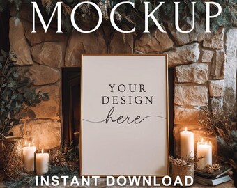 Holiday Frame Mockup | Gold Frame Christmas Wall Art Mockup | Cozy Candlelight Scene with Neutral Decor | PSD Smart Object Vertical Poster