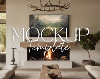 Frame TV mockup, organic modern, Landscape mockup, Living room mockup, Samsung TV art display, Digital horizontal tv frame OM6