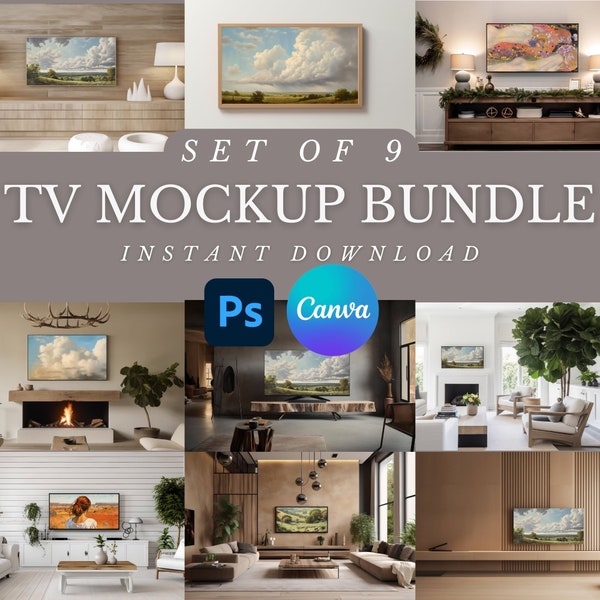 TV frame mockup BUNDLE of 9, canva mockup, Landscape mockup, tv mockup bundle, Samsung TV, horizontal frame mockup canva template