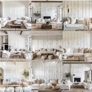 May include: A collage of nine images showcasing various white sectional sofas in different living room settings. Each image features a white sofa with plush cushions and a variety of throw pillows. The sofas are arranged in different configurations, with some featuring a chaise lounge and others with a corner piece. The images also feature various decor elements, such as coffee tables, plants, and artwork.