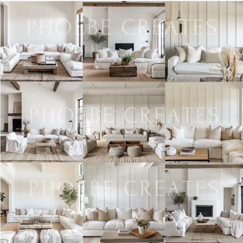 May include: A collage of nine images showcasing various white sectional sofas in different living room settings. Each image features a white sofa with plush cushions and a variety of throw pillows. The sofas are arranged in different configurations, with some featuring a chaise lounge and others with a corner piece. The images also feature various decor elements, such as coffee tables, plants, and artwork.