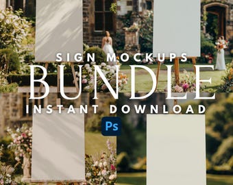Mockup för evenemangsskyltar, paket med 4 på staffli | PSD-mallar för bröllops- och evenemangsskyltar | Mockups för välkomstskyltar för utskrift på begäran