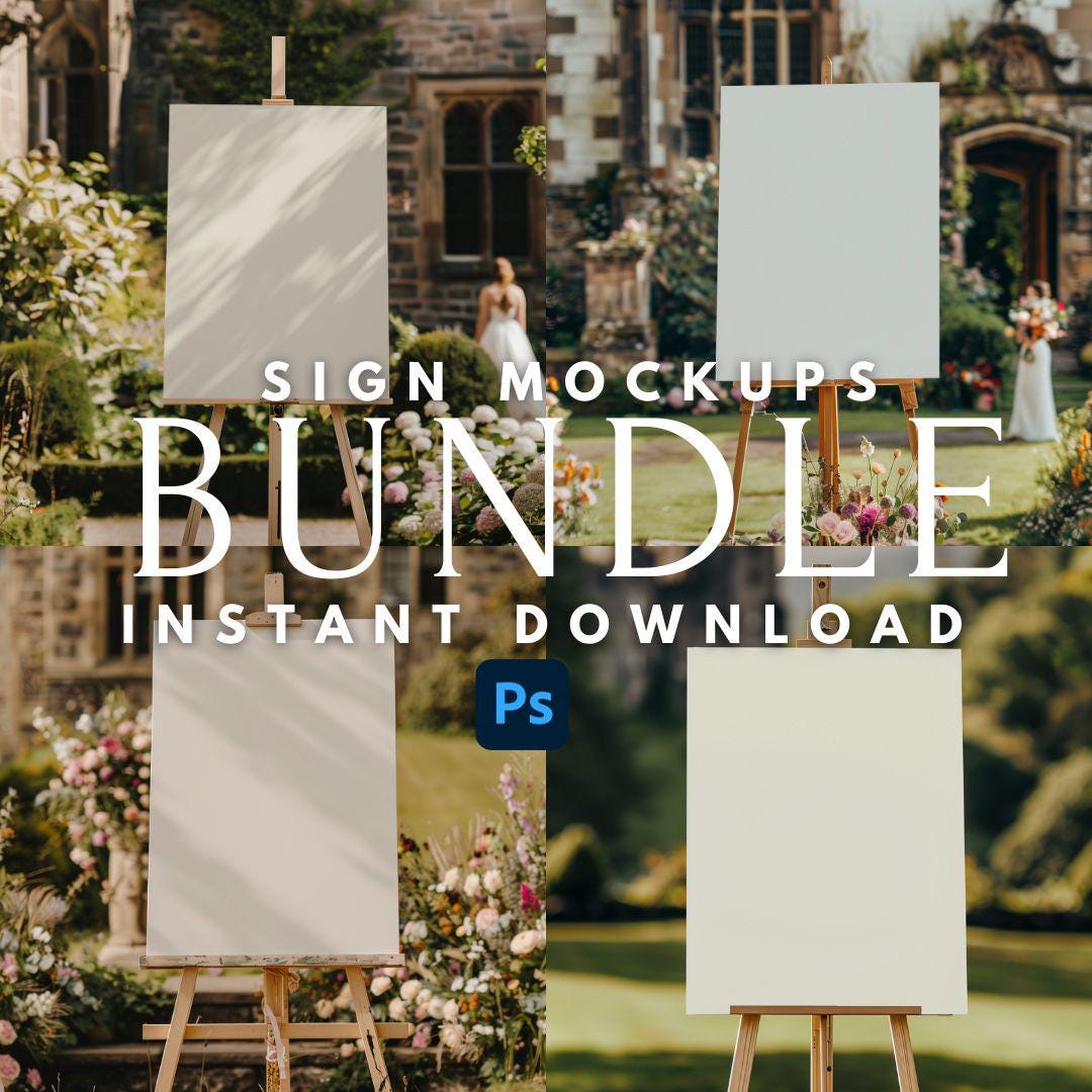 Event Sign Mockup bundle of 4 on Easel | PSD Templates for Wedding & Event Signage | Welcome Sign mockups for Print On Demand