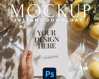 Może przedstawiać: Biała makieta książki z tekstem "MOCKUP INSTANT DOWNLOAD" na górze. Książka ma tekst "YOUR DESIGN HERE" i naklejkę "6x9 aspect ratio". Cytryny i liście otaczają książkę.