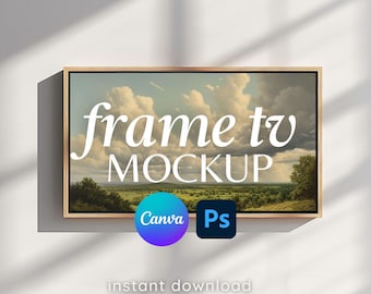 Rustic Wood Frame TV Mockup – 16:9 Digital Art Display for Samsung Frame TV | Horizontal PSD & Canva Template for Art Sellers