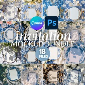 Lot de 18 maquettes de faire-part de chinoiserie florale en toile de Jouy pour des cartes de mariage et de menu 5 x 7 cm | Modèles d'objets intelligents Canva Photoshop