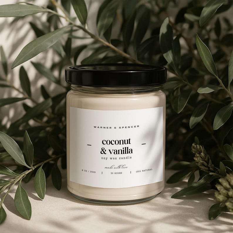 May include: A clear glass jar candle with a black lid. The label reads "WARNER & SPENCER", "coconut & vanilla", "soy wax candle", "made with love", "30 HOURS", and "100% NATURAL".