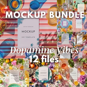 May include: A mockup bundle with 12 files, featuring a 5x7 template. The image showcases various styled scenes with colourful plates, glasses, and floral arrangements. Text includes "Mockup Bundle", "Dopamine Vibes", and "12 files".