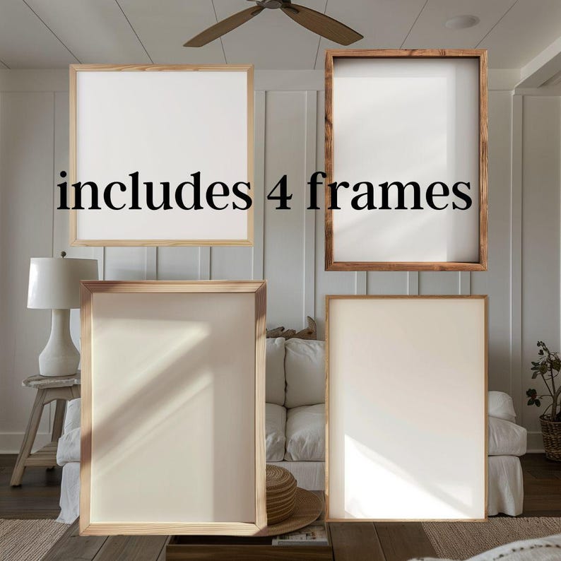 May include: Set of four empty picture frames, two with a light wood finish and two with a darker wood finish. The frames are all rectangular and have a simple design. The text "includes 4 frames" is written in black on a white background.