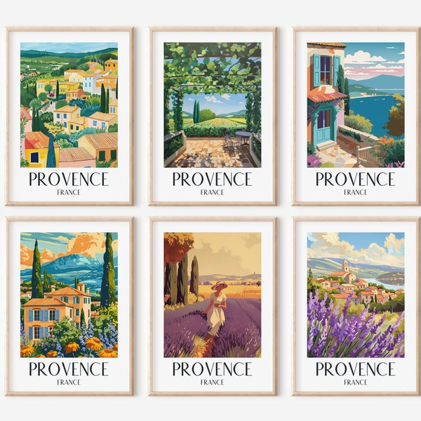 Lot de 6 oeuvres d'art provençales, affiche de voyage vintage de la campagne française en France, téléchargement DIN A X, souvenir de voyage en gros caractères FRTP1B
