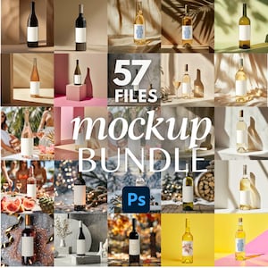 Confezione da 57 mockup di bottiglie di vino, mockup di bottiglie di vino 3x4, mockup di vino, mockup di merchandising per eventi, mockup di etichette di vino, mockup di etichette, file psd