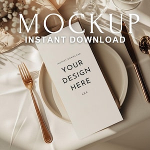 May include: A mockup of a menu card with the text "YOUR DESIGN HERE" and "4x9" on a white plate, with a gold fork and knife. The words "MOCKUP" and "INSTANT DOWNLOAD" are also visible.