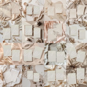 May include: A collage of 16 images featuring blank white cards on various neutral backgrounds. The backgrounds include beige, cream, and light brown fabrics, as well as dried flowers and other natural elements.