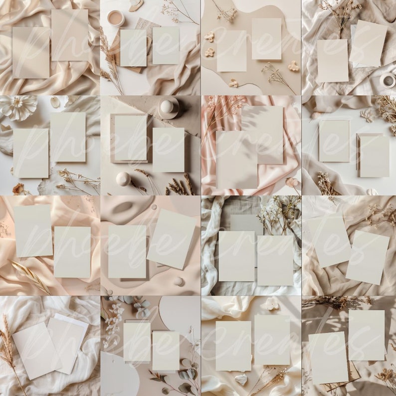 May include: A collage of 16 images featuring blank white cards on various neutral backgrounds. The backgrounds include beige, cream, and light brown fabrics, as well as dried flowers and other natural elements.