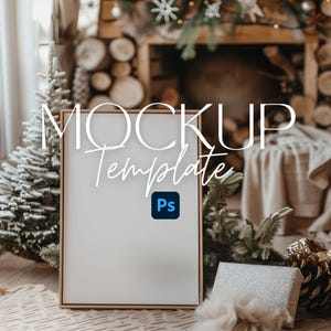 May include: A rectangular, blank mockup template with the text "MOCKUP Template" in a handwritten style. The frame is a light brown color. The background includes a Christmas tree, gifts, and a cozy fireplace setting.
