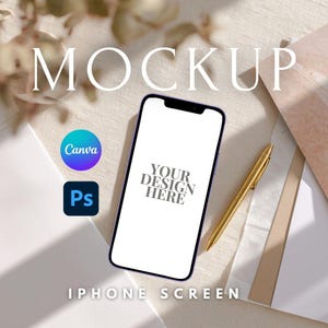 May include: A smartphone mockup with a blank white screen, the text "YOUR DESIGN HERE", and the word "MOCKUP" at the top. A gold pen and the Canva and Ps logos are also visible. The words "IPHONE SCREEN" are at the bottom.