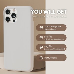 Pu&ograve; includere: Una custodia per telefono bianca con un ritaglio per l'obiettivo della fotocamera. L'immagine include il testo "YOU WILL GET INCLUDED IN BUNDLE" e un elenco di file digitali inclusi nel pacchetto: modello Canva, file PSD, file PNG e istruzioni.