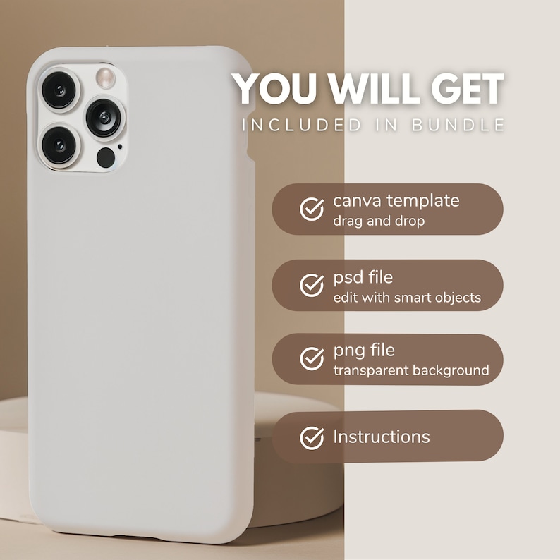 Pu&ograve; includere: Una custodia per telefono bianca con un ritaglio per l'obiettivo della fotocamera. L'immagine include il testo "YOU WILL GET INCLUDED IN BUNDLE" e un elenco di file digitali inclusi nel pacchetto: modello Canva, file PSD, file PNG e istruzioni.