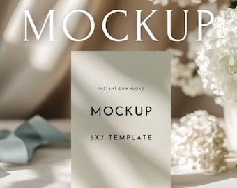 5x7 Vertical Invitation Mockup with White Hydrangeas & Soft Shadows – Coastal Old Money Wedding Stationery PSD Template