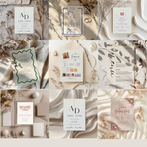 May include: A collection of printable wedding invitation templates with different designs. The templates feature a variety of fonts, colors, and illustrations, including a menu, a wedding invitation, a bridesmaid proposal card, and a save the date card.