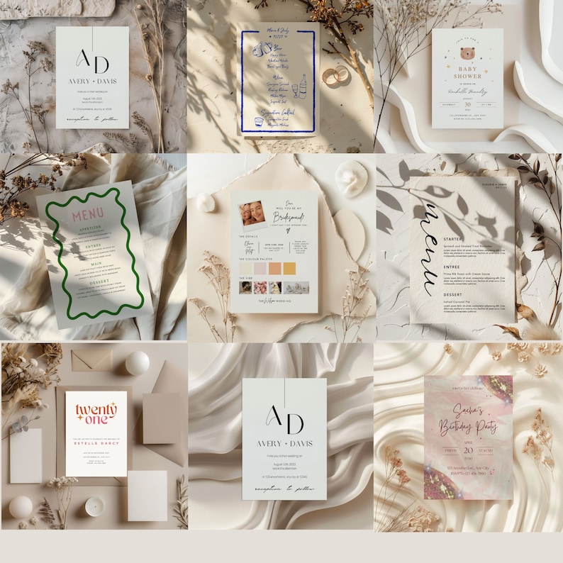 May include: A collection of printable wedding invitation templates with different designs. The templates feature a variety of fonts, colors, and illustrations, including a menu, a wedding invitation, a bridesmaid proposal card, and a save the date card.