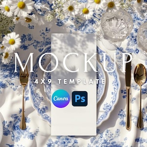 Blauw-witte 4 x 9-menumockups | Grillig bloemenhuwelijksmodel | Elegante menukaart PSD en canvas | Briefpapier bruiloft evenement BW1