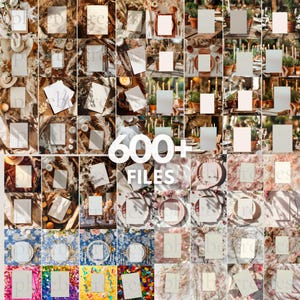 May include: A collection of 600+ digital files featuring mockups of blank cards, invitations, and other stationery items. The mockups are set against a variety of backgrounds, including rustic wood, floral arrangements, and colorful confetti.