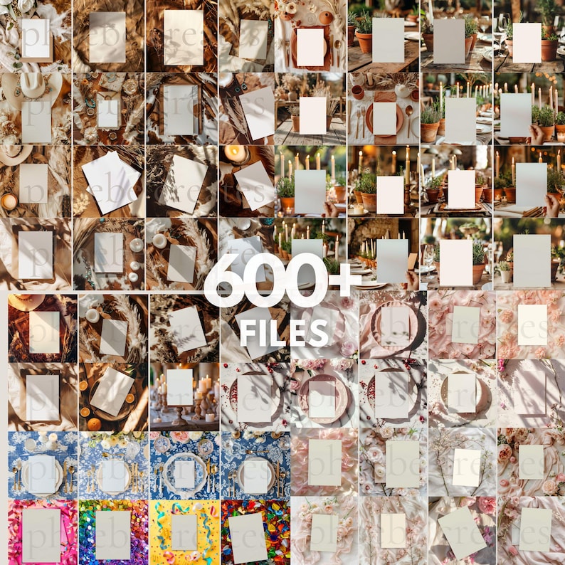 May include: A collection of 600+ digital files featuring mockups of blank cards, invitations, and other stationery items. The mockups are set against a variety of backgrounds, including rustic wood, floral arrangements, and colorful confetti.