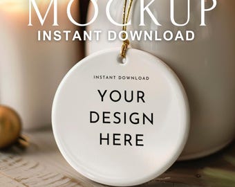 Round Ceramic Ornament Mockup | Christmas Tree Bauble Mockup PSD & PNG | Holiday Photo Ornament Template with Smart Object | Personalized De