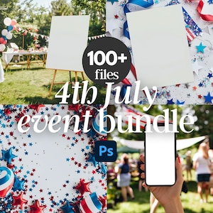 Pacote de eventos com mais de 100 mockups para o 4 de julho - Cartão de convite, mockup de placa, garrafa de vinho, garrafa de água, flat lay, iPhone