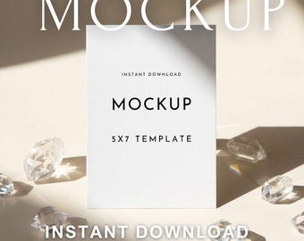 5x7 Invitation Mockup PSD – Sunlit Table with Crystals – Elegant Wedding Stationery Scene for Designers