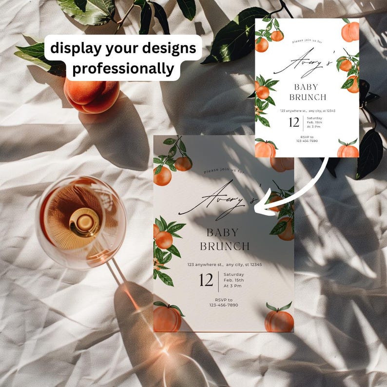 May include: Peach-themed baby shower invitation with a white background and peach illustrations. The invitation reads "Avery's Baby Brunch" with the date, time, and RSVP information.