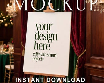 Christmas Wedding Sign Mockup, 18x24 Easel Sign PSD, Luxury Holiday Reception Sign Template, 3:4 Ratio Vertical Poster Mockup Wedding Decor
