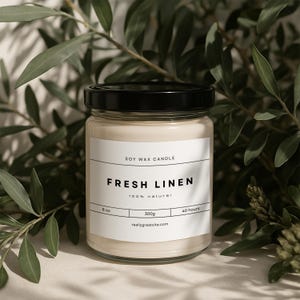 May include: A soy wax candle in a clear glass jar with a black lid. The label reads "Soy Wax Candle", "Fresh Linen", "100% Natural", "8 oz", "300g", "40 hours", and "reallygreatsite.com".