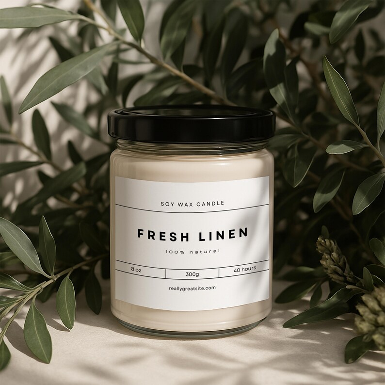 May include: A soy wax candle in a clear glass jar with a black lid. The label reads "Soy Wax Candle", "Fresh Linen", "100% Natural", "8 oz", "300g", "40 hours", and "reallygreatsite.com".