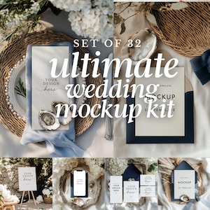 Può includere: Un kit di mockup per matrimoni con vari articoli di cancelleria, tra cui inviti e segnaletica. Il design presenta una palette di colori neutri con toni bianchi, blu e beige e include conchiglie e composizioni floreali. Il testo "Ultimate Wedding Mockup Kit" è visualizzato.