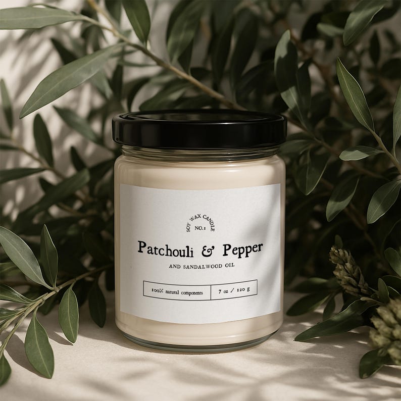May include: A glass jar candle with a black lid and a white label. The label reads "Soy Wax Candle No.1 Patchouli & Pepper and Sandalwood Oil 100% natural components 7 oz / 120 g".