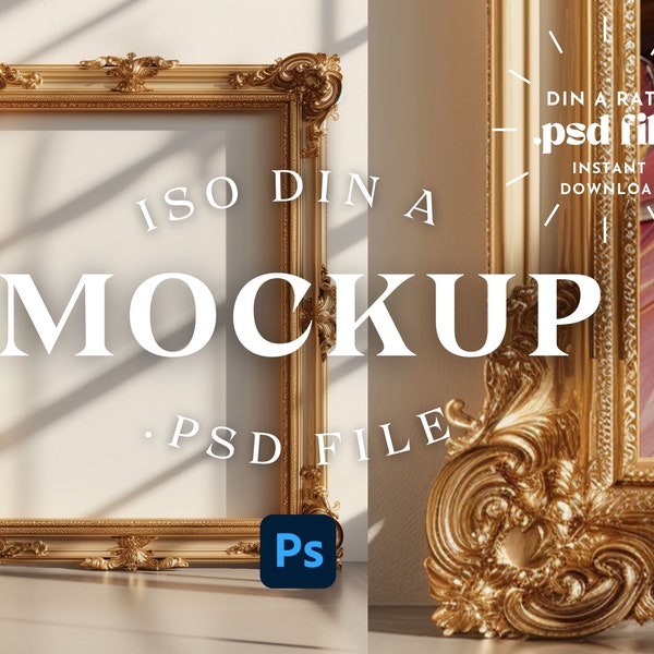 Frame mockup DIN A verhouding, Antiek dik gouden frame mockup - sierlijke muurkunst mockup, rococo en barok vintage DIN A verhouding GF4