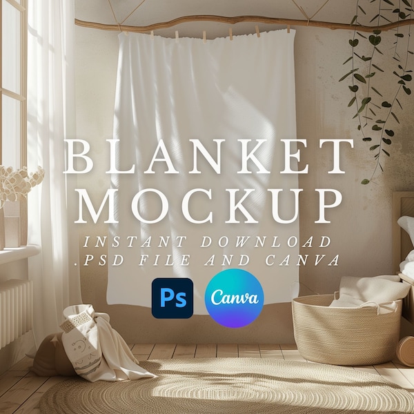 Blanket Mockup Template - Throw Blanket Mockup Photoshop - Velveteen Minky or Light Sherpa Blanket, Editable PSD canva mockup BMO23