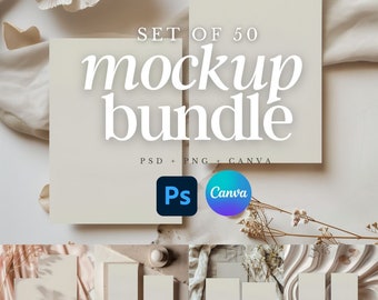 May include: Set of 50 mockup bundle for Photoshop, PNG, and Canva. The image shows a variety of mockups with different backgrounds and textures, including a white background, a beige background, and a textured background. The mockups are all in a neutral color palette, with a focus on minimalist design.