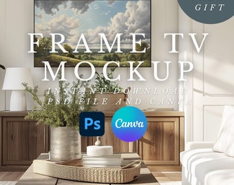 Modern Farmhouse TV Frame Mockup: Canva & PSD (Digital Download)