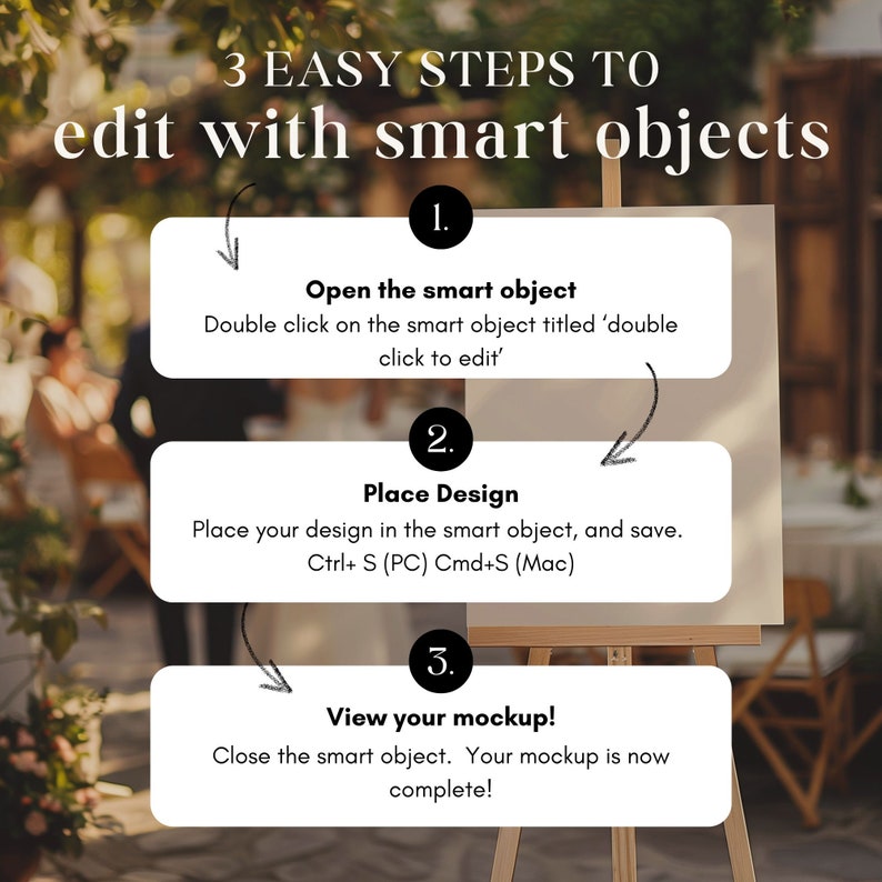 May include: Three easy steps to edit with smart objects. Double click on the smart object titled 'double click to edit'. Place your design in the smart object and save. Close the smart object. Your mockup is now complete.